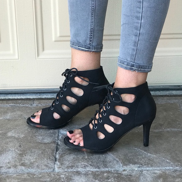 Black Lace Up Peep Toe Cut Out Caged Ankle Booties - Picture 4 of 6